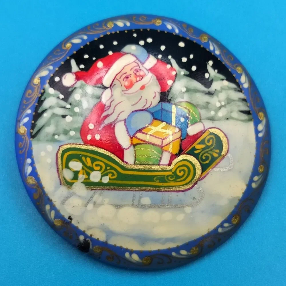 Santa Christmas VTG Hand painted Russian Brooch Pin Holiday Signed Lacquer